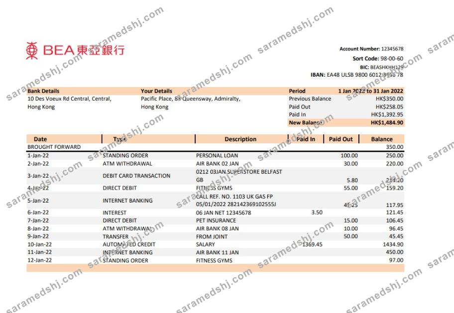 Hong Kong BEA bank statement